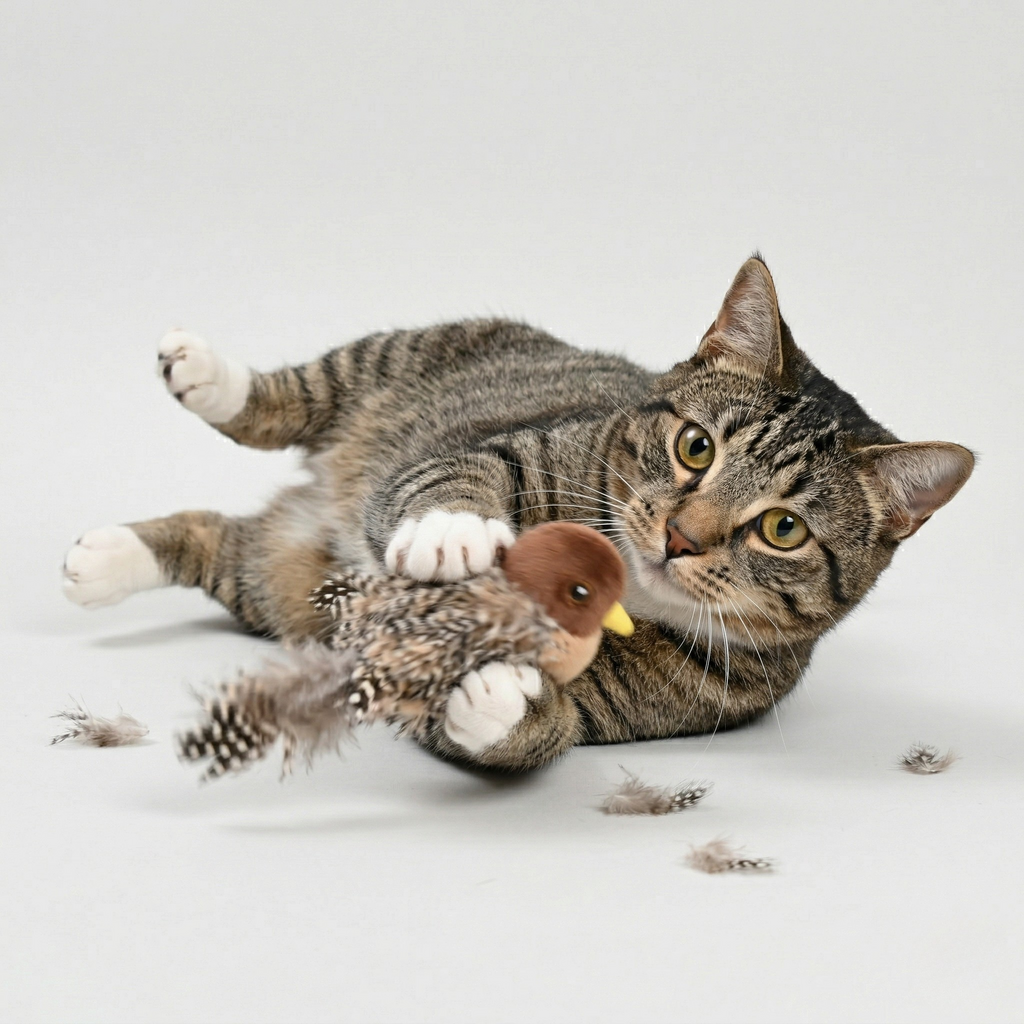 Electronic sparrow cat toy that chirps to catch your cat's attention during indoor play