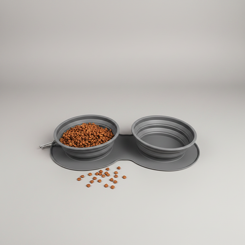 Gray 2-in-1 collapsible silicone travel bowl with a slow-feeder side and a plain water bowl