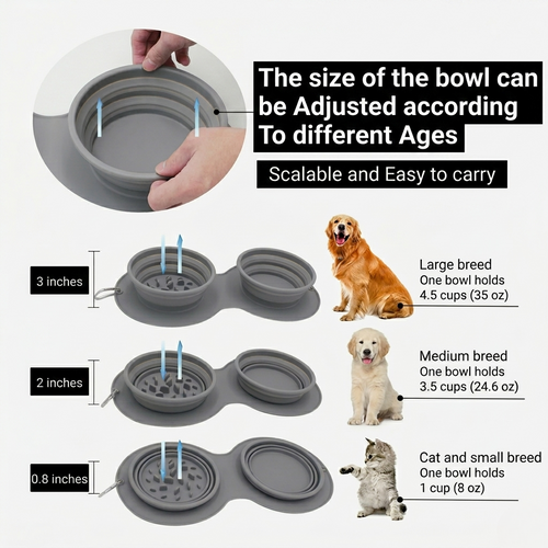 Gray collapsible travel bowl for dogs and cats with 12 slow-feeder wells molded into one side