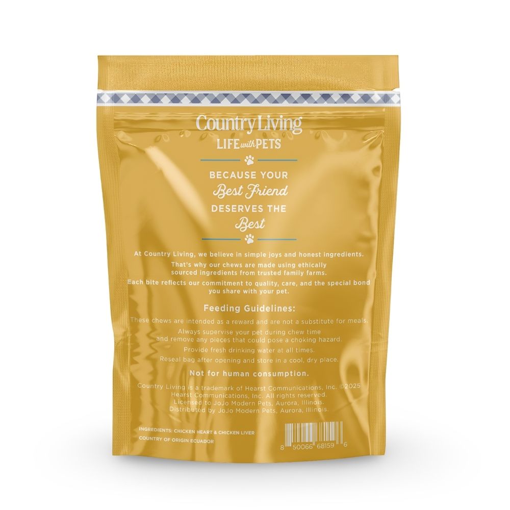 Crunchy, slow-dehydrated chicken heart and liver treats from Country Living for dogs