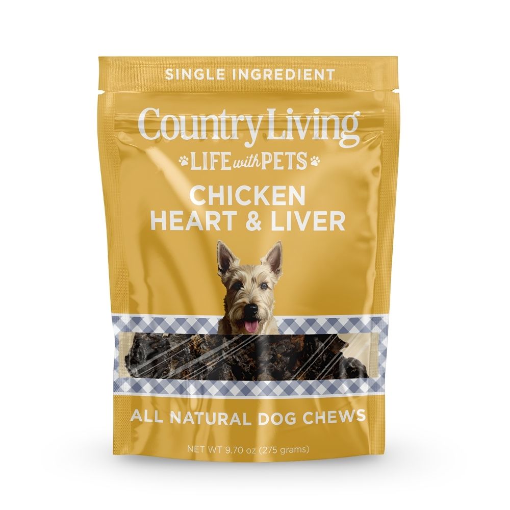 Single-ingredient Country Living dog treats made from 100% real chicken hearts and livers