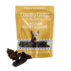 Country Living dehydrated chicken hearts and livers dog treats, sold in a 9 oz resealable bag