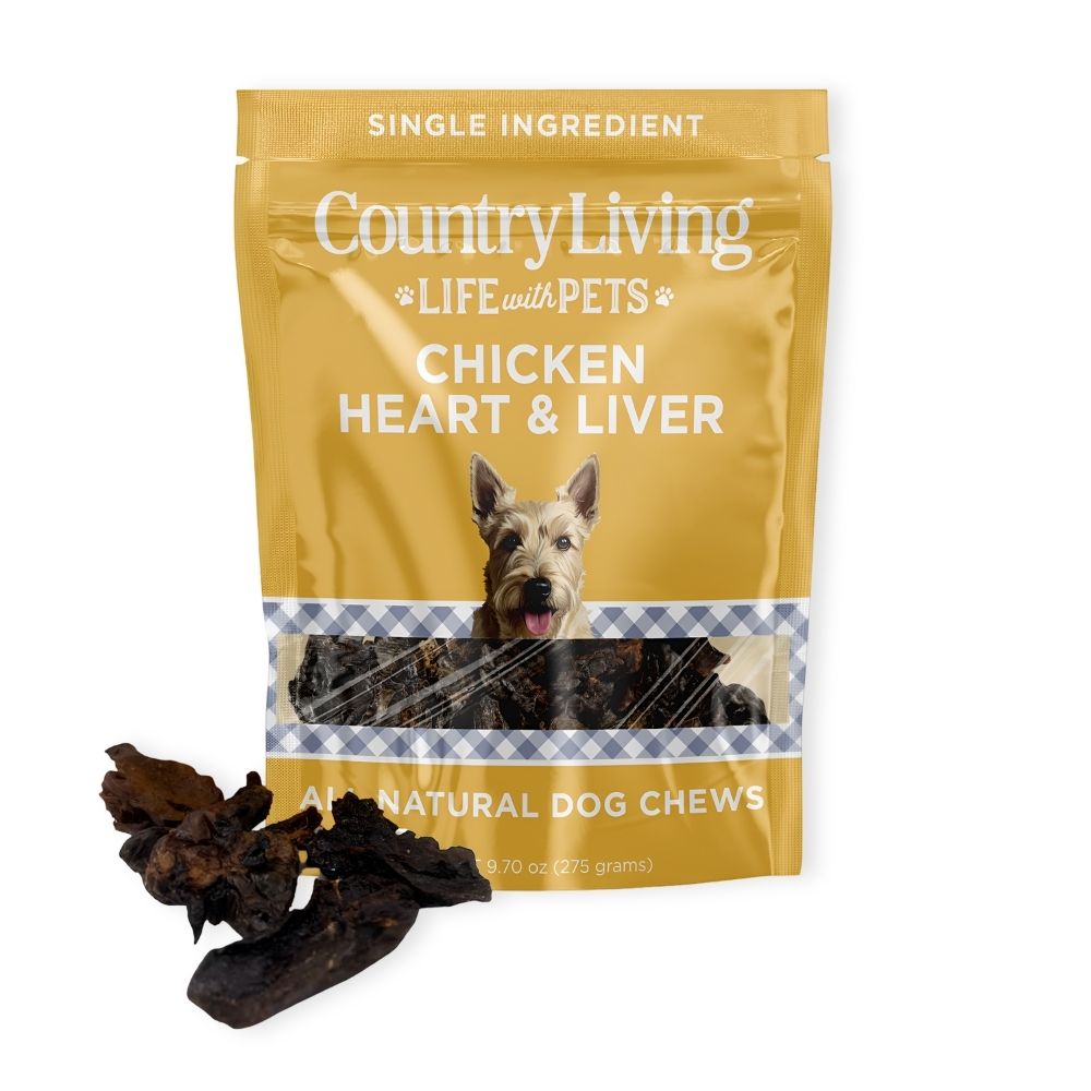 Country Living dehydrated chicken hearts and livers dog treats, sold in a 9 oz resealable bag