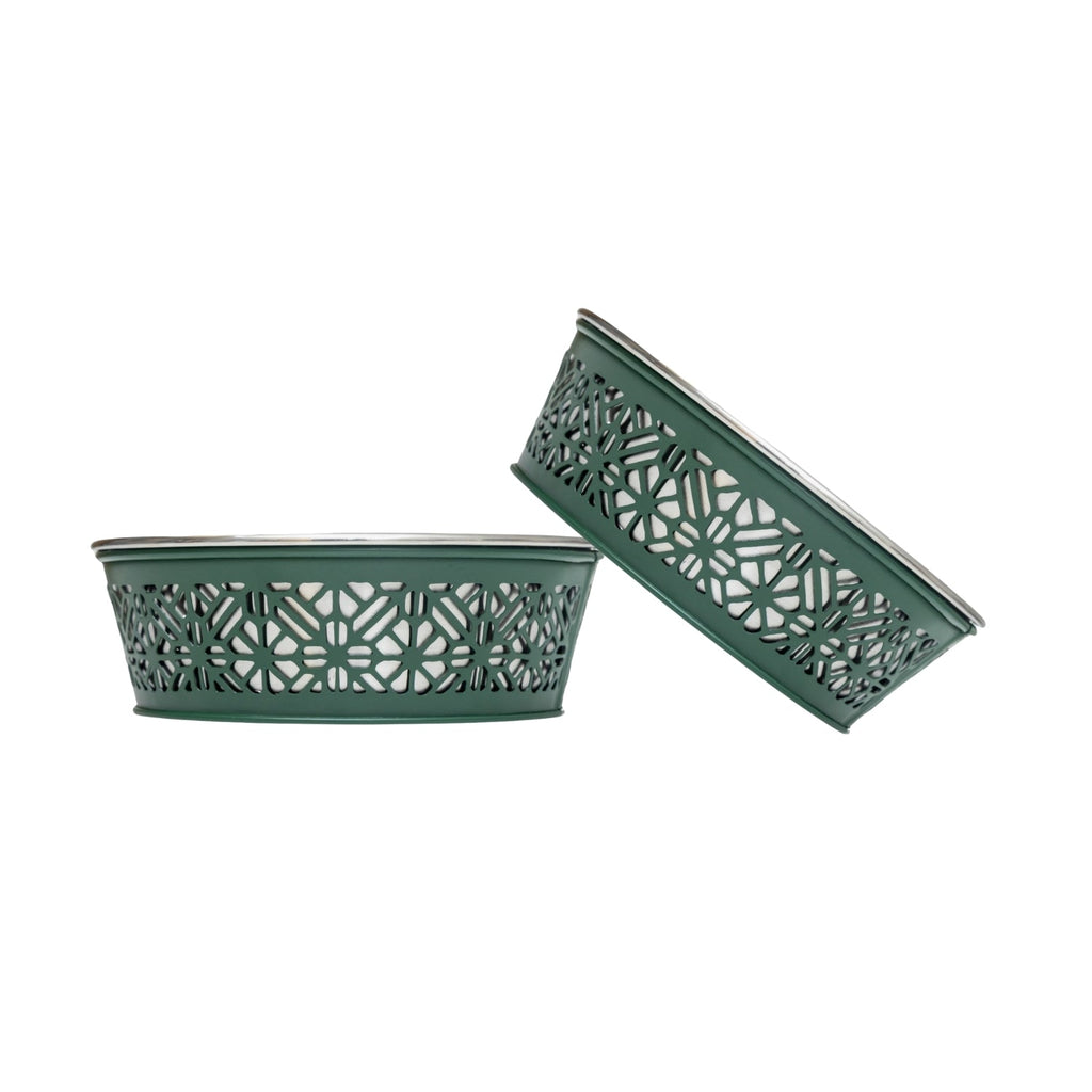 Dark green Country Living farmhouse dog bowl with a coated exterior, 30 oz