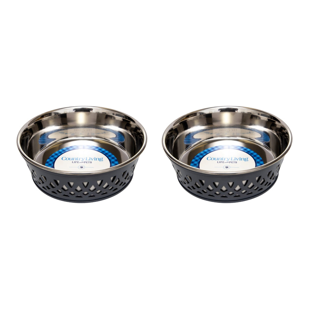 Gray Country Living farmhouse dog bowl with a coated exterior, in 16 or 30 oz