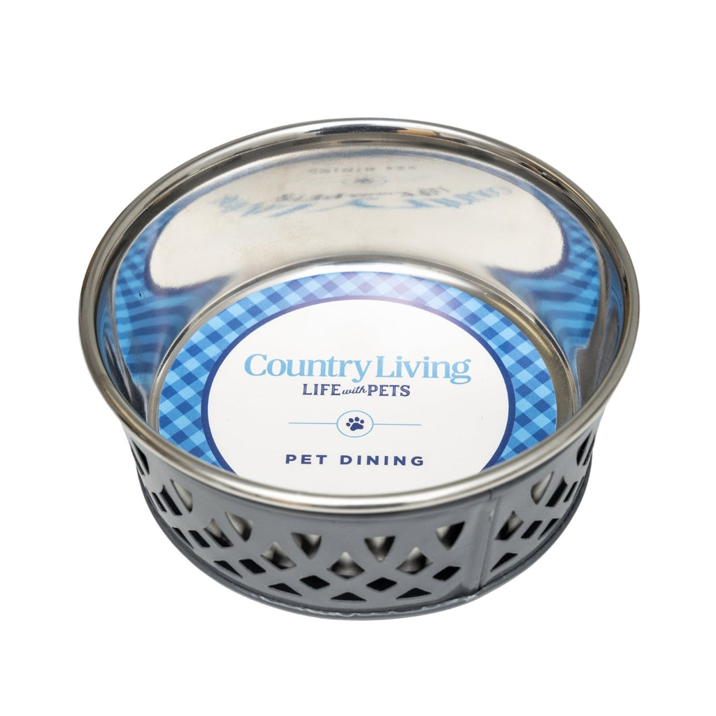 Gray farmhouse-style stainless steel dog bowl by Country Living, dishwasher safe