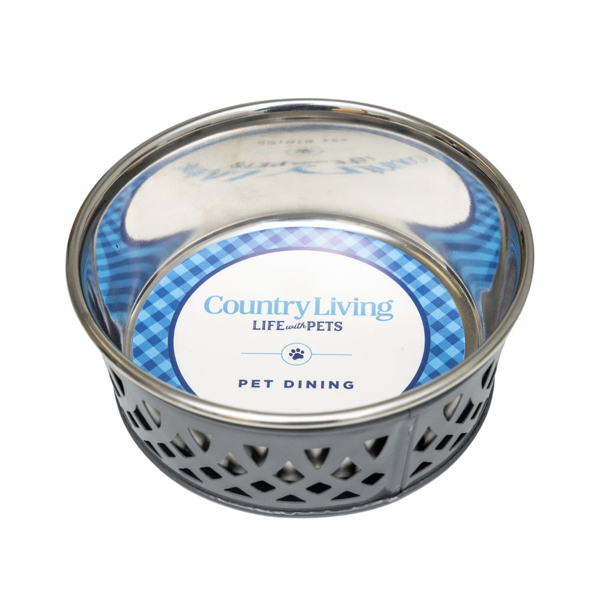 Gray farmhouse-style stainless steel dog bowl by Country Living, dishwasher safe