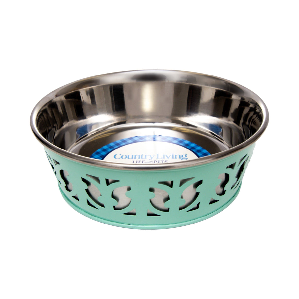 Mint green Country Living farmhouse dog bowl with a smooth, easy-clean interior