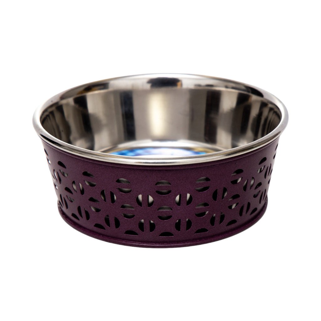 Dishwasher-safe Country Living stainless steel dog bowl in Plum Wine