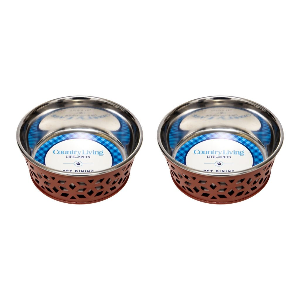 Country Living farmhouse stainless steel dog bowls in Apricot Brandy, a set of 2