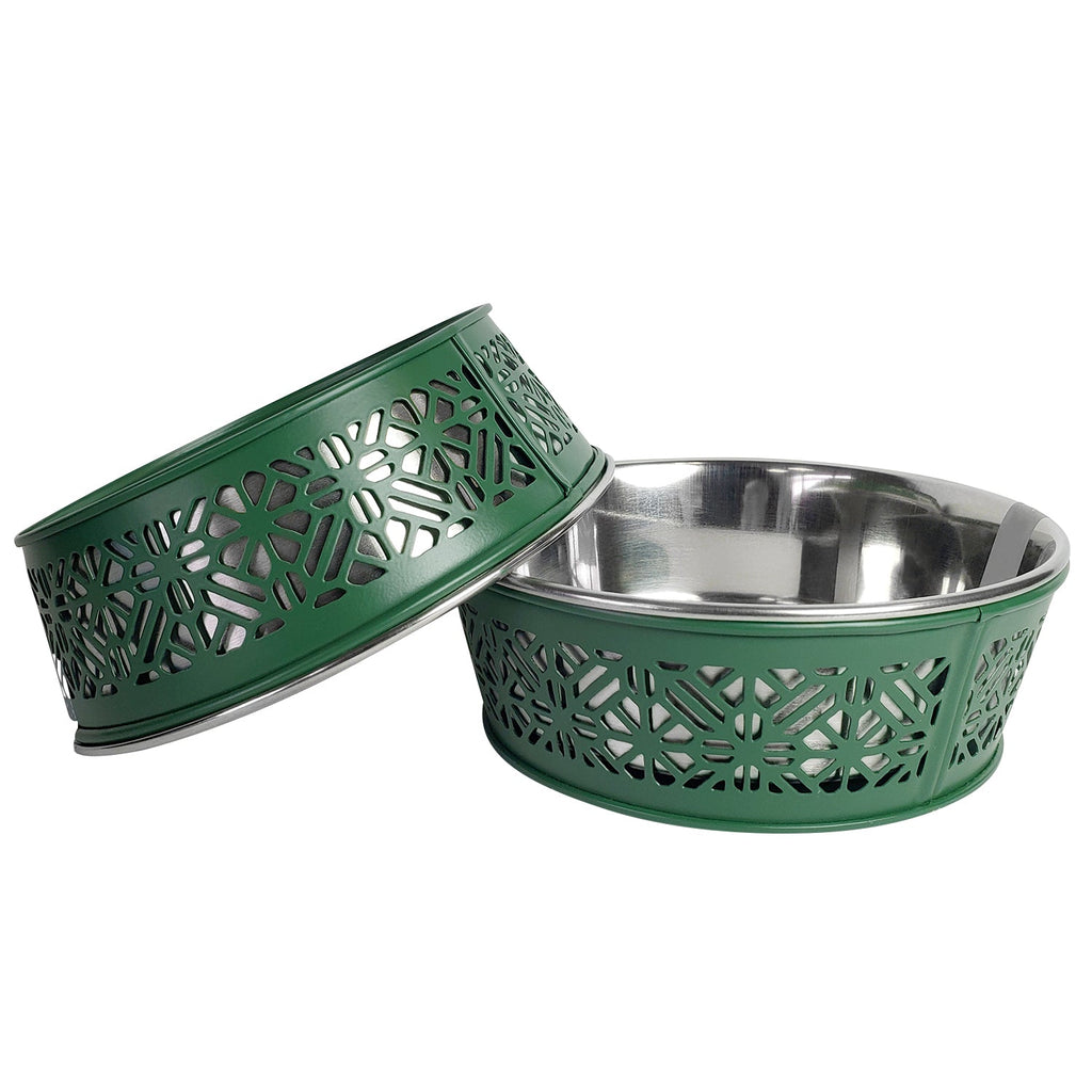 Country Living farmhouse stainless steel dog bowls in dark green, a set of 2