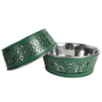 Country Living farmhouse stainless steel dog bowls in dark green, a set of 2