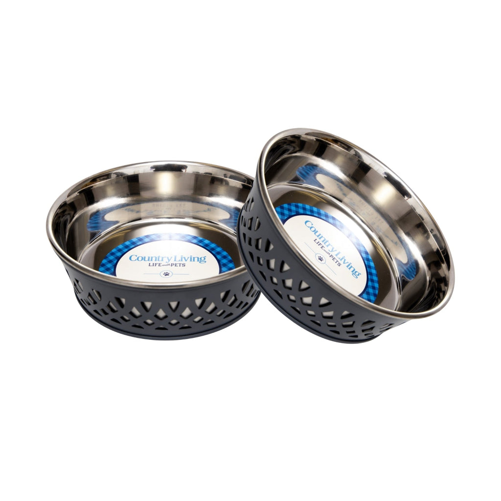 Country Living farmhouse stainless steel dog bowls in gray, a matching set of 2