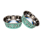 Country Living farmhouse stainless steel dog bowls in mint green, a set of 2