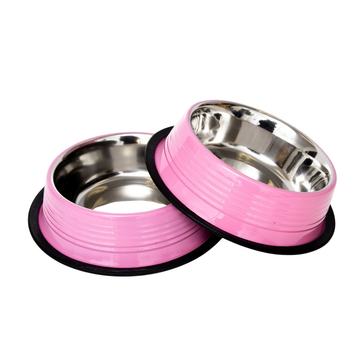 High-gloss, powder-coated Carnation Pink exterior on a Country Living ribbed steel bowl
