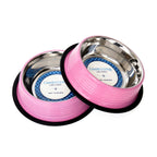 Carnation Pink Country Living ribbed stainless steel pet bowls, a matching set of 2