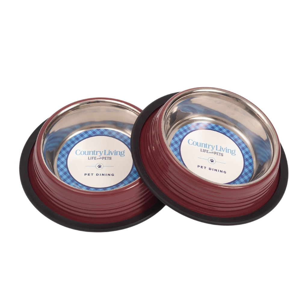 Merlot Red Country Living ribbed stainless steel pet bowls, a matching set of 2