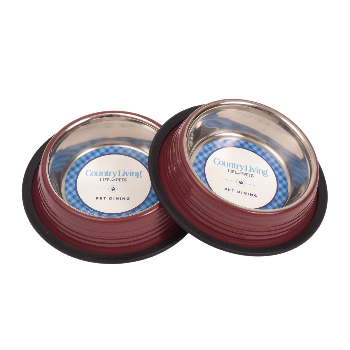 Merlot Red Country Living ribbed stainless steel pet bowls, a matching set of 2