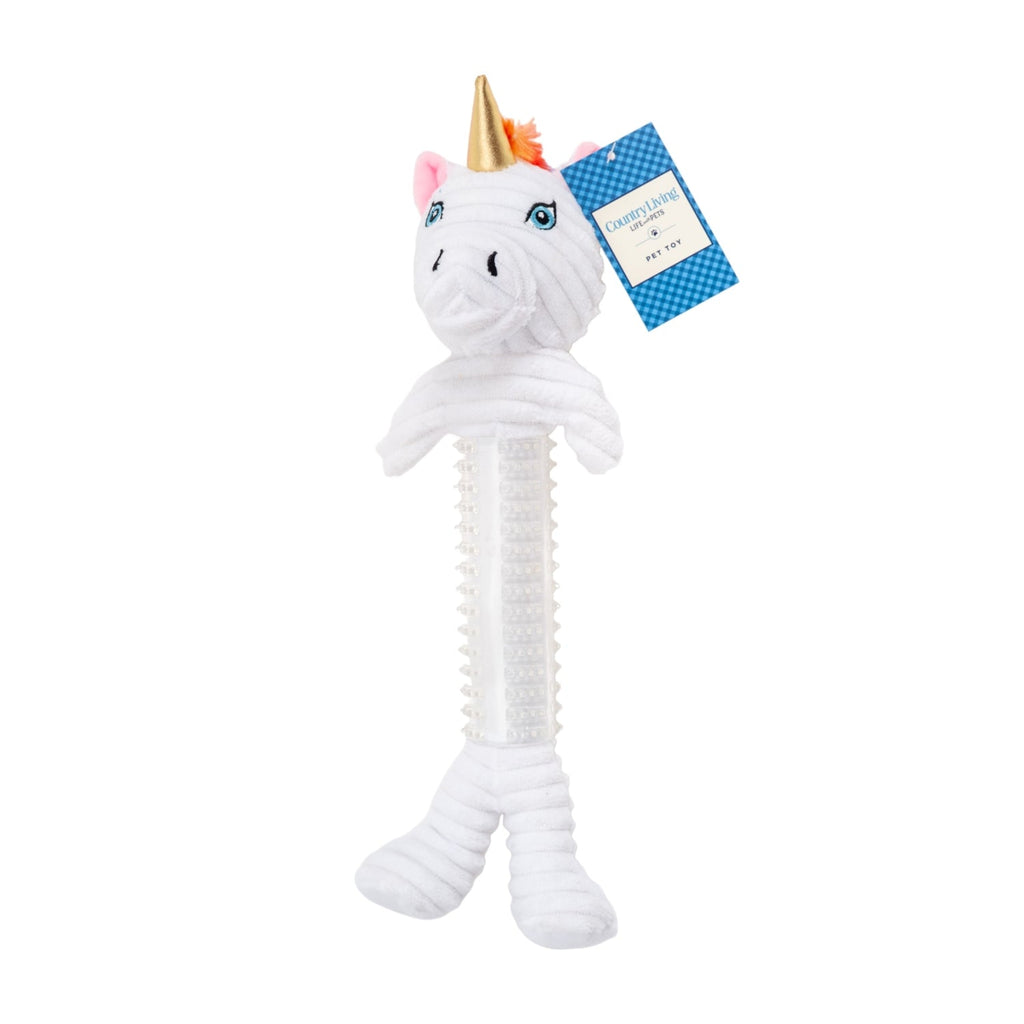 Country Living unicorn corduroy plush dog toy with thermoplastic rubber accents and a long, skinny body