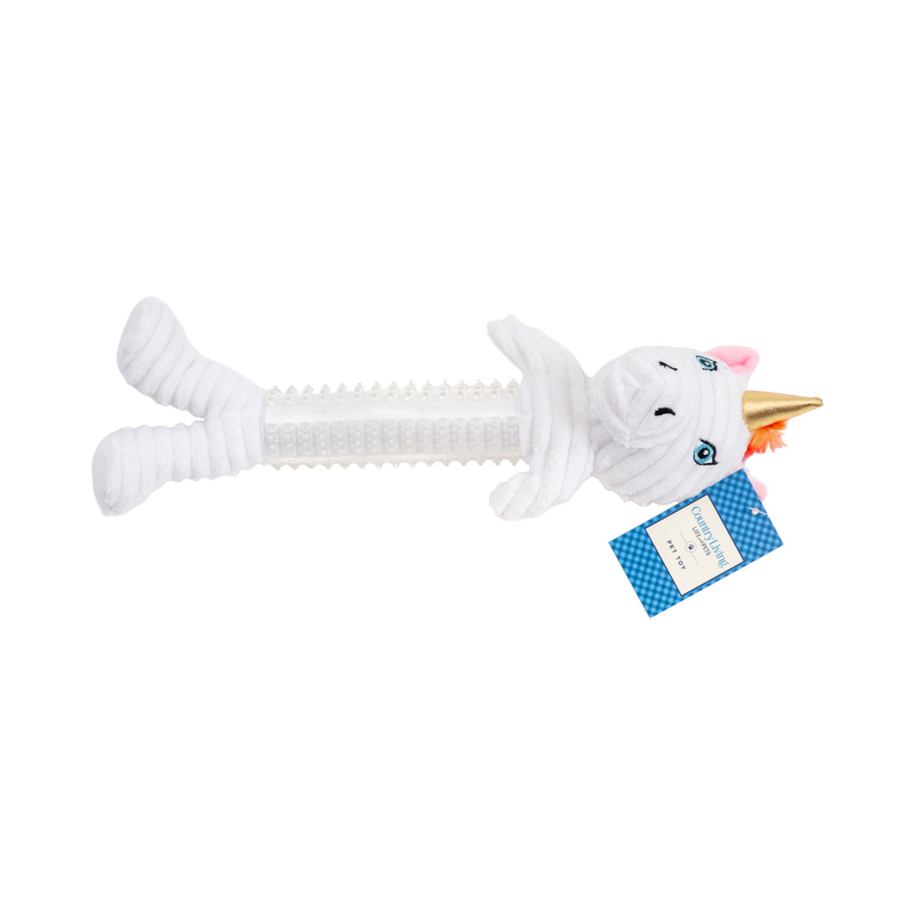 Colorful Country Living unicorn dog toy in corduroy, 16 inches long, with a squeaker and crinkle paper