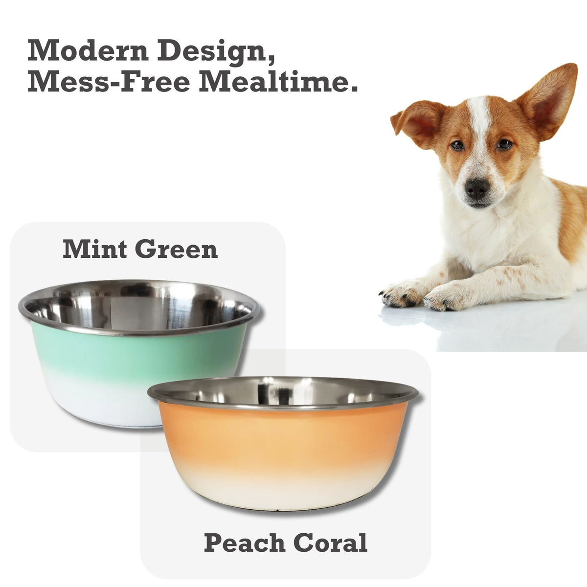 Deep stainless steel dog bowl with a rubberized base, sold in 16 oz and 32 oz sizes