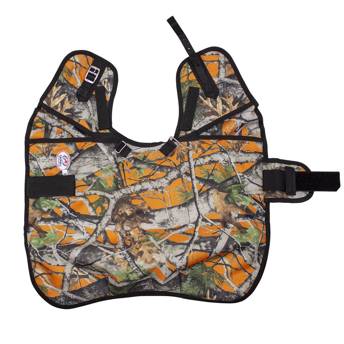 Close-up of the Derby Originals 1200D ripstop dog coat construction, shown in Orange Woodland