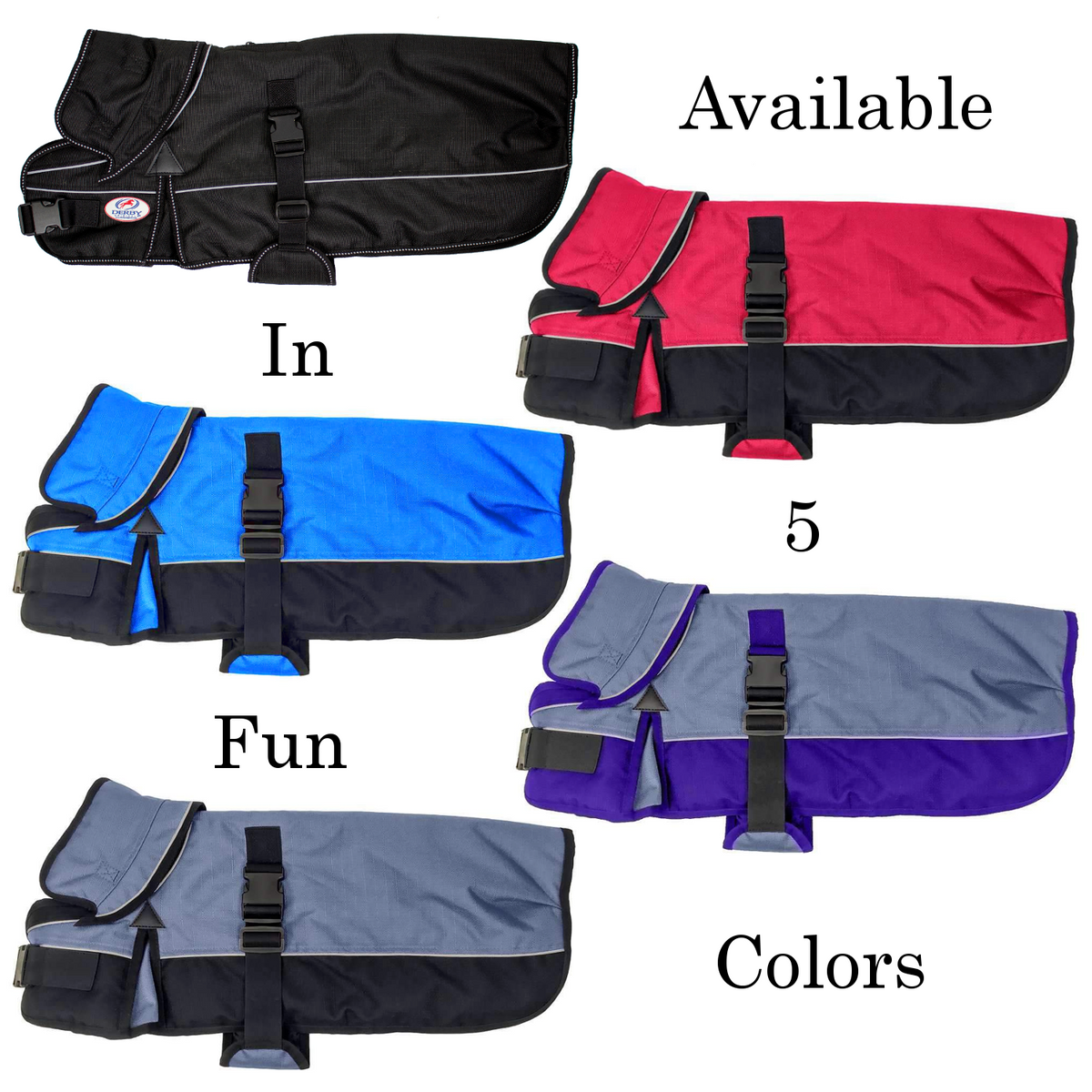 Derby Originals Ruff Pup 1200D dog coat with neck cover, shown in all five available colors
