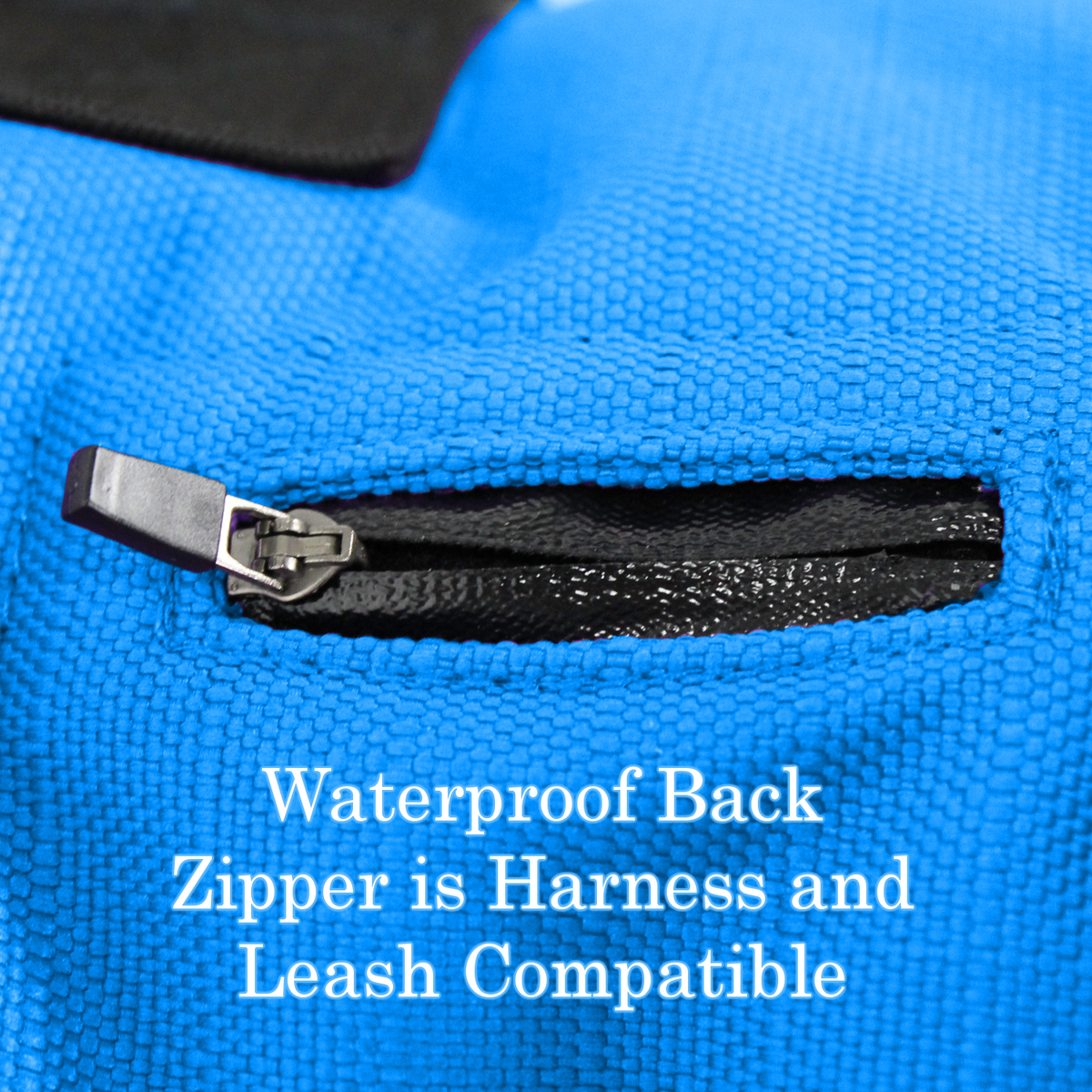 Waterproof harness zipper on the Derby Originals Ruff Pup 1200D coat for walks on a harness