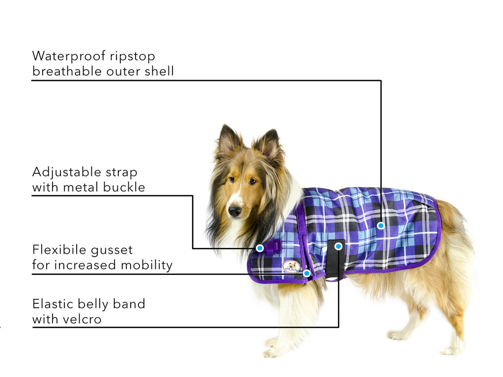 Derby Originals Ruff Pup dog coat feature overview: waterproof 1200D shell, 150g insulation, gussets