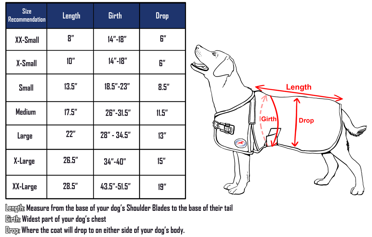 Size chart for the Derby Originals Ruff Pup winter dog coat, Small 13.5 in through XX-Large 28.5 in