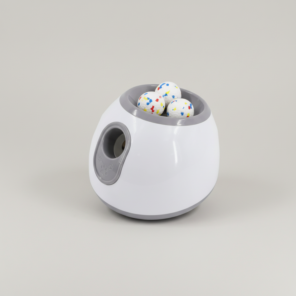 Dog ball launcher with distance settings of about 10, 20 or 30 feet for fetch
