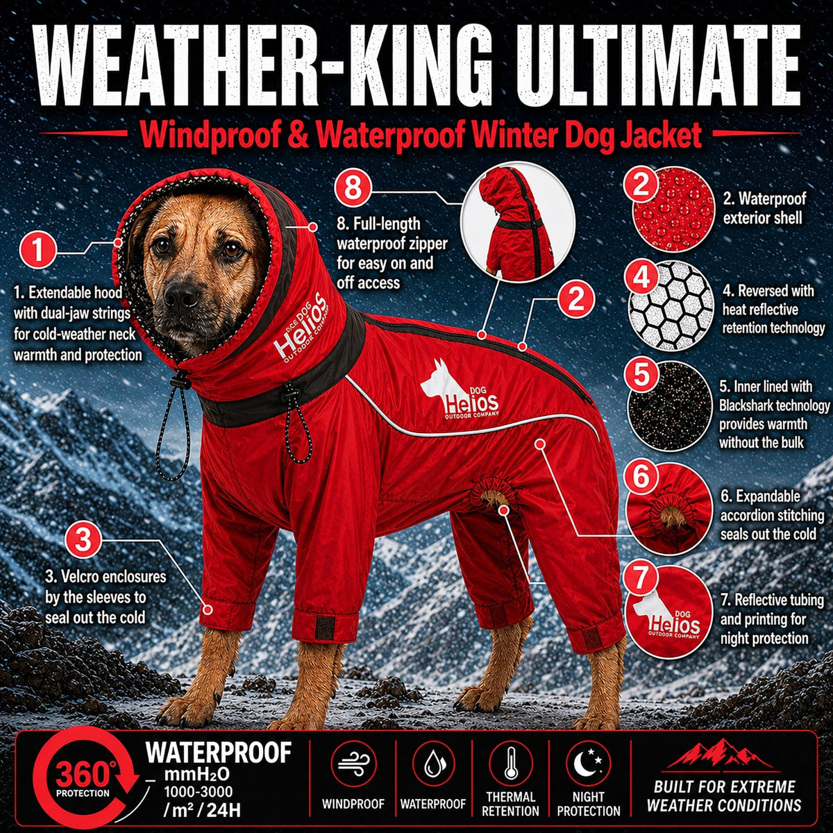 Dog Helios Weather-King windproof dog jacket with a Blackshark heat-retention inner lining
