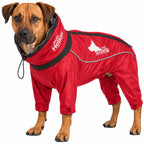 Red Dog Helios Weather-King full-body winter dog jacket with an adjustable hood and sleeves