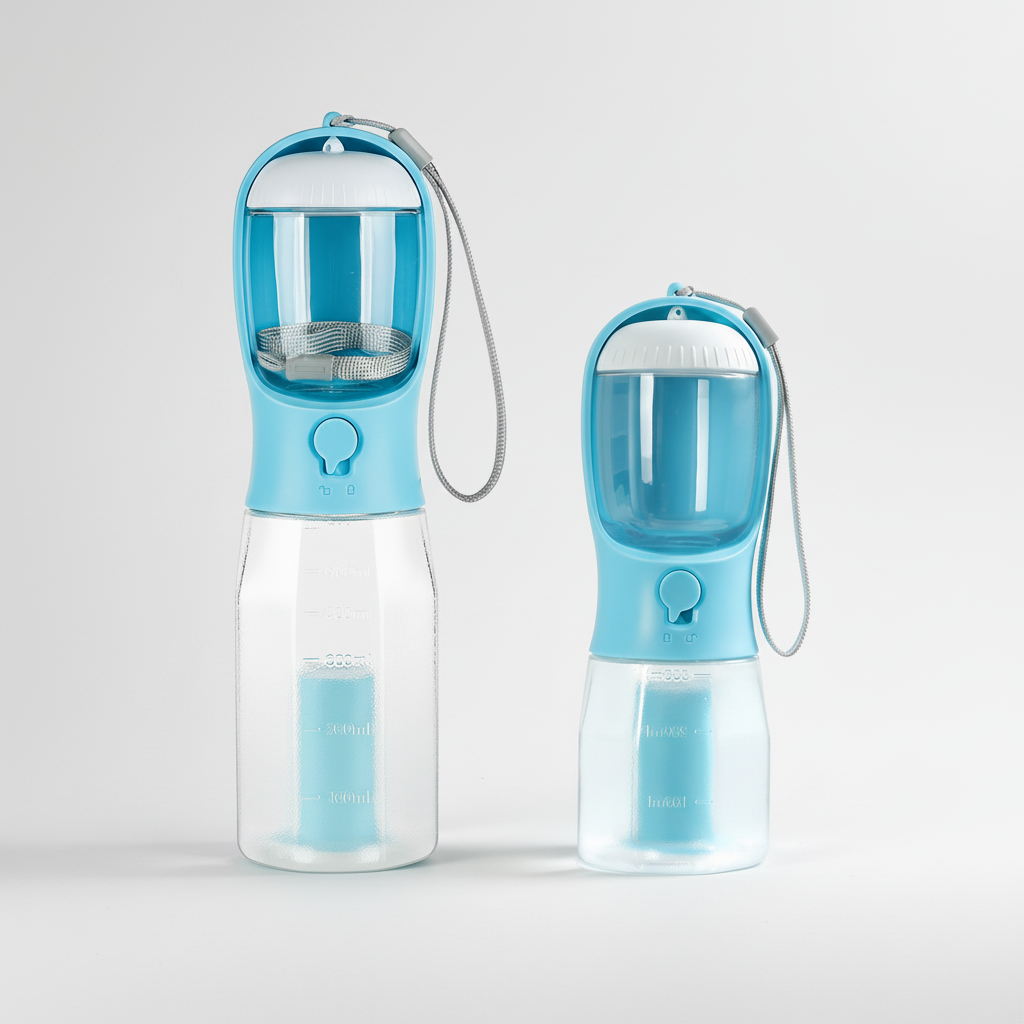 Portable dog water bottle in durable plastic, heat resistant to 105 degrees Celsius