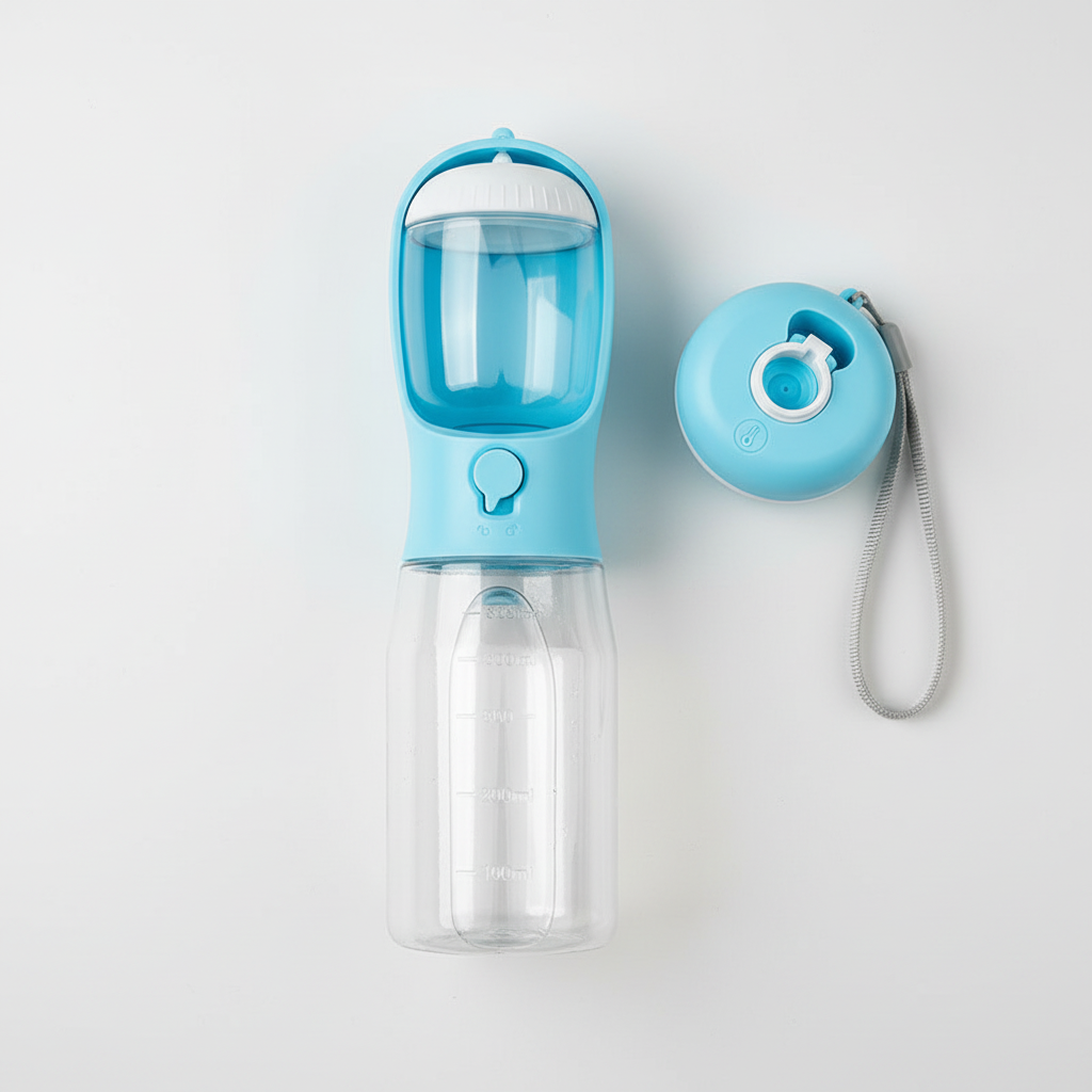 Water bottle for dogs on the go, with a temperature indicator for checking water first