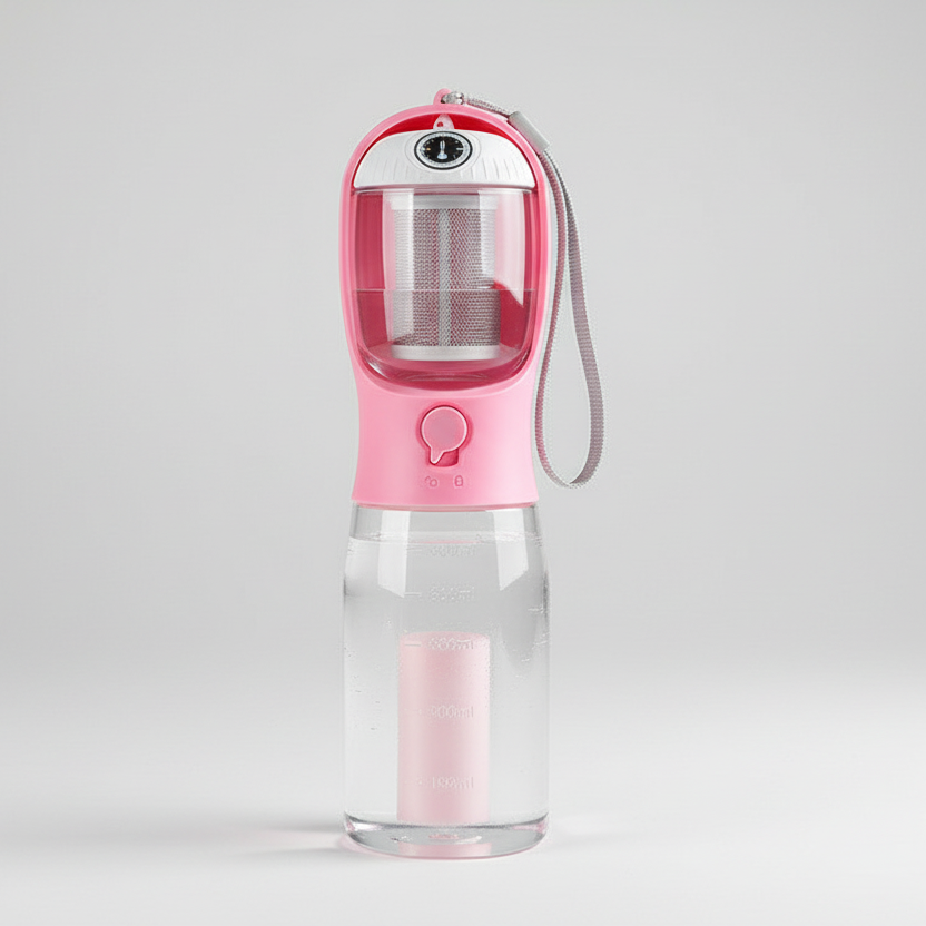 Travel water bottle for dogs that shows the water temperature before your dog drinks
