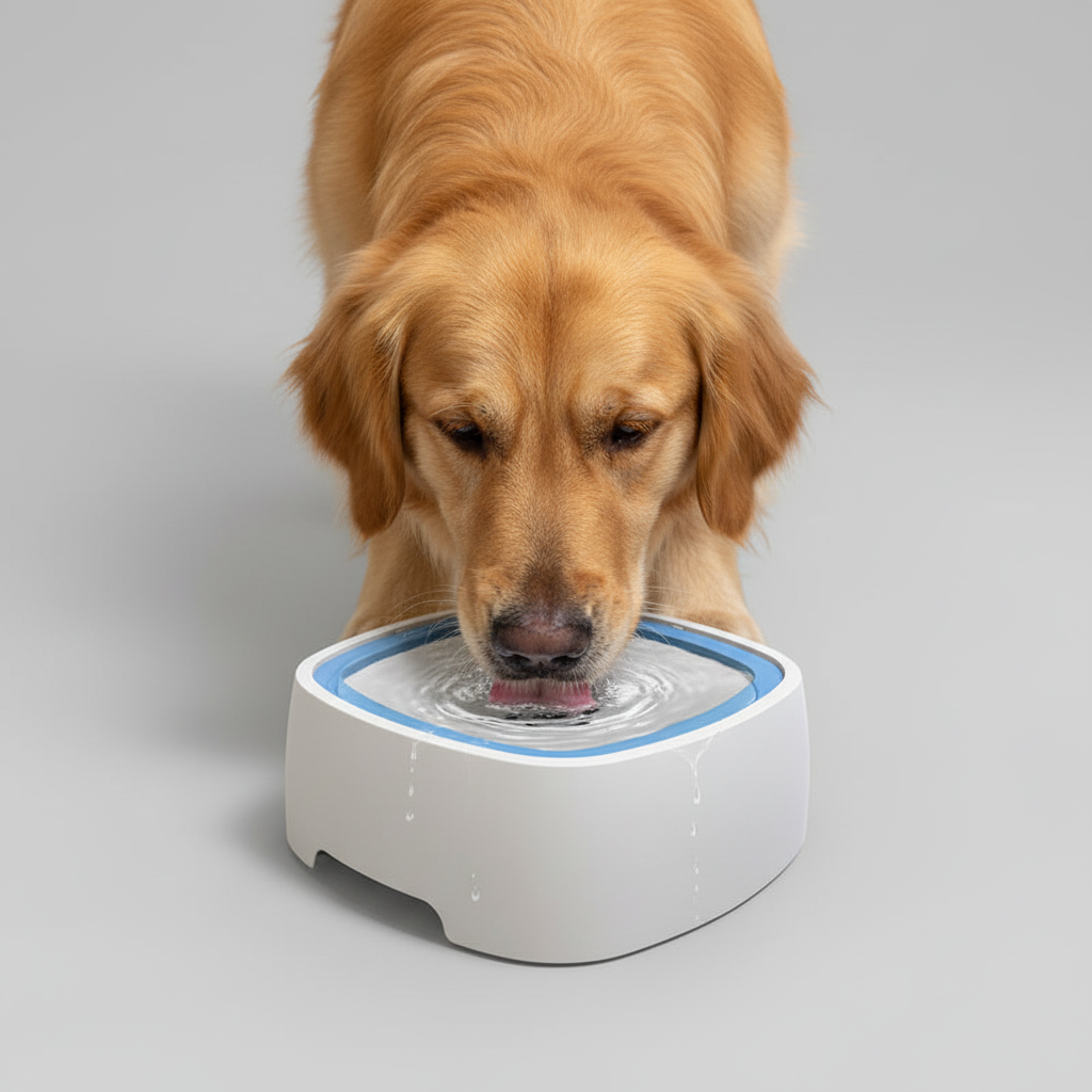 Dog water bowl with a floating plate that comes apart for quick cleaning