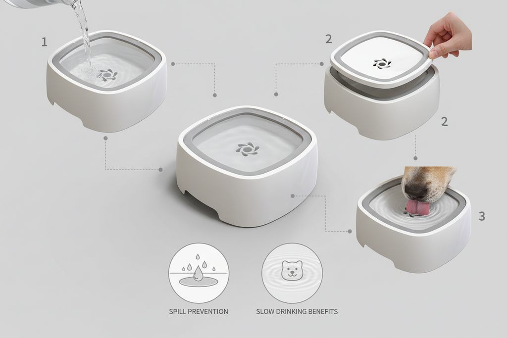Dog water bowl with a floating plate that adjusts with each sip to slow drinking