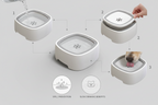 Dog water bowl with a floating plate that adjusts with each sip to slow drinking