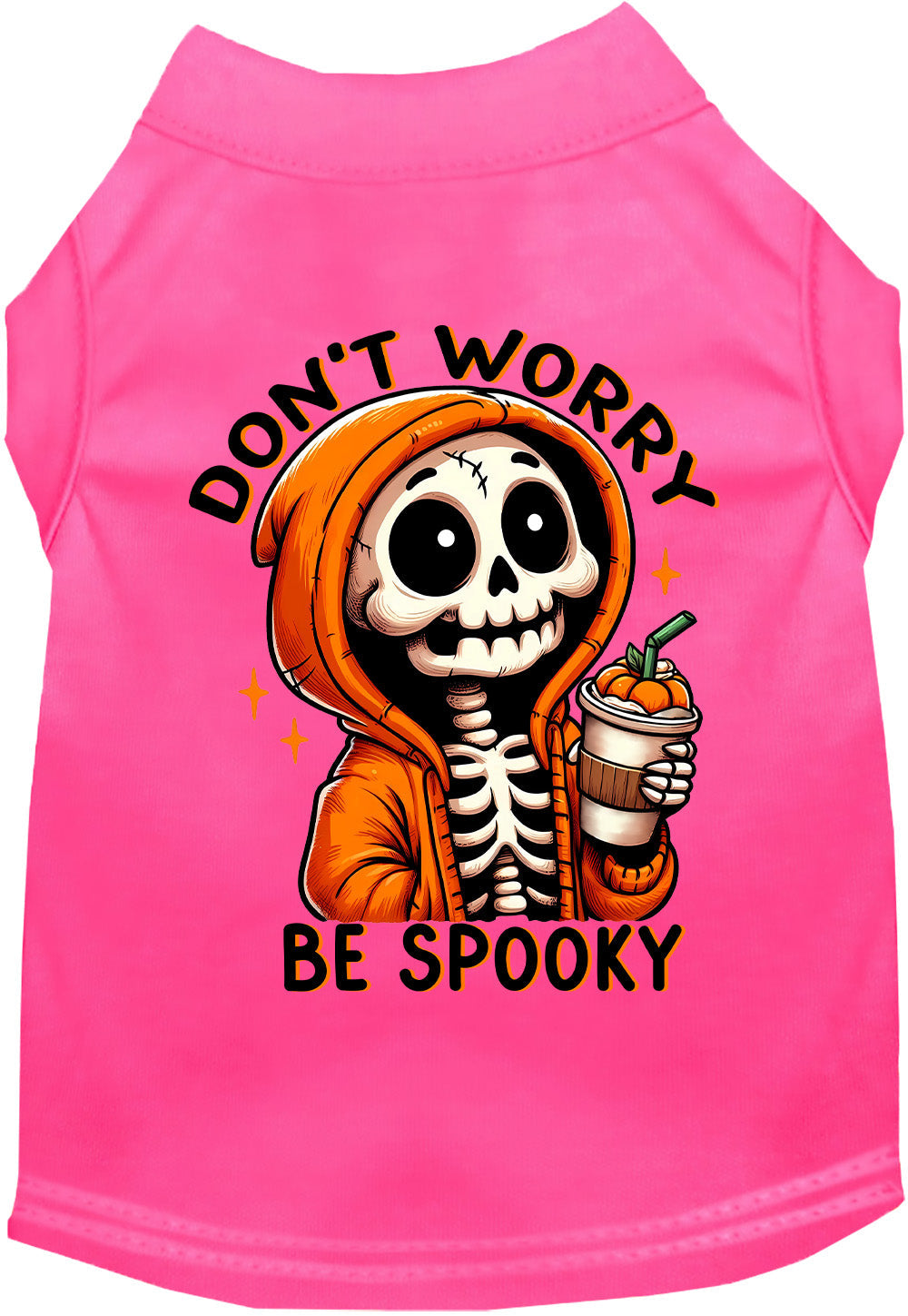 Bright pink Don't Worry, Be Spooky Halloween pet shirt with skeleton print