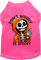 Bright pink Don't Worry, Be Spooky Halloween pet shirt with skeleton print