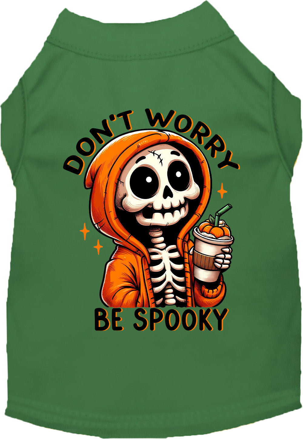 Emerald green Don't Worry, Be Spooky Halloween pet shirt with skeleton print