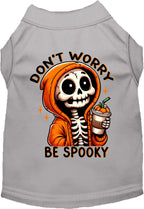 Gray Don't Worry, Be Spooky Halloween pet shirt with skeleton print
