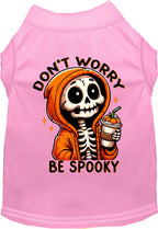 Light pink Don't Worry, Be Spooky Halloween pet shirt with skeleton print
