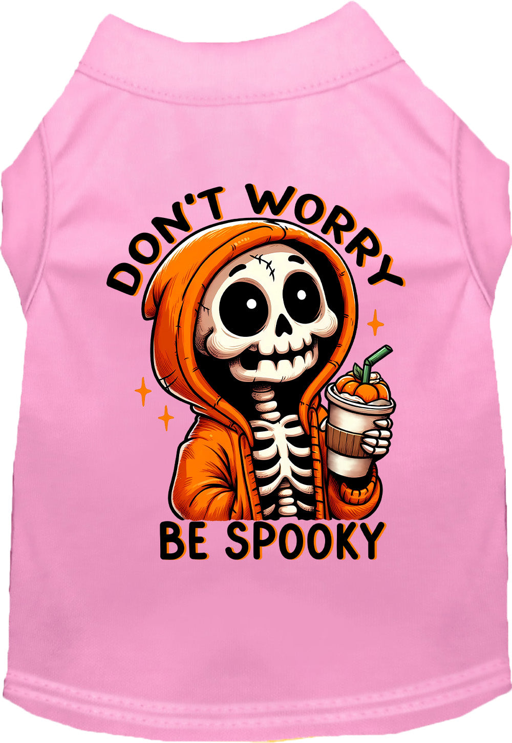 Light pink Don't Worry, Be Spooky Halloween pet shirt with skeleton print