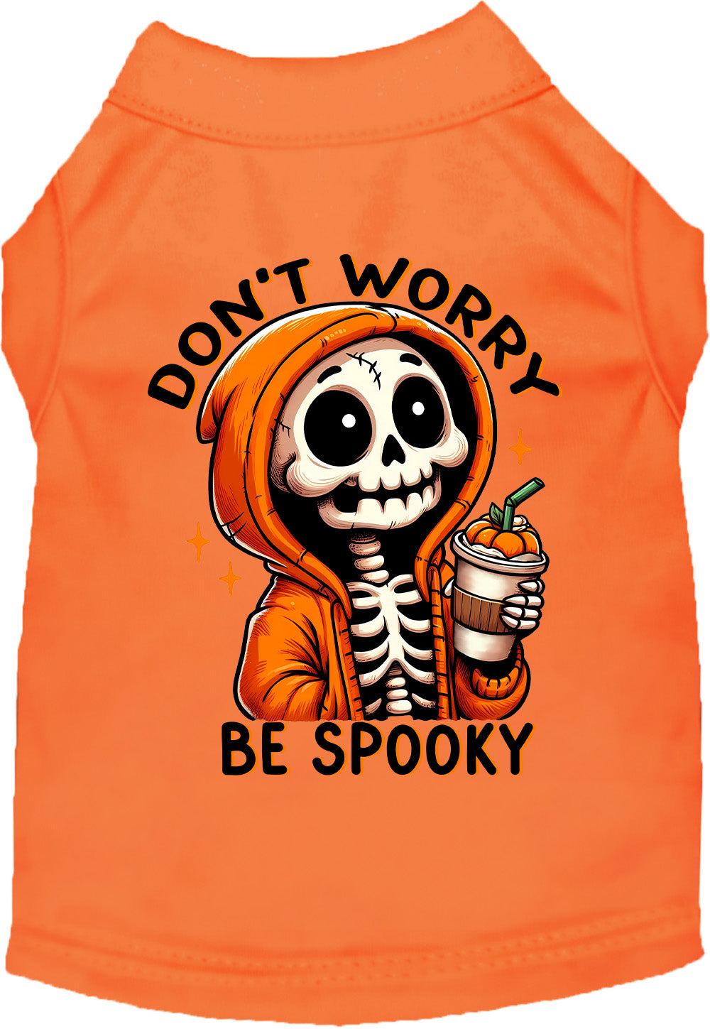 Orange Don't Worry, Be Spooky Halloween shirt for dogs and cats, sleeveless with skeleton print