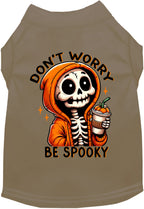Tan Don't Worry, Be Spooky Halloween pet shirt with skeleton print