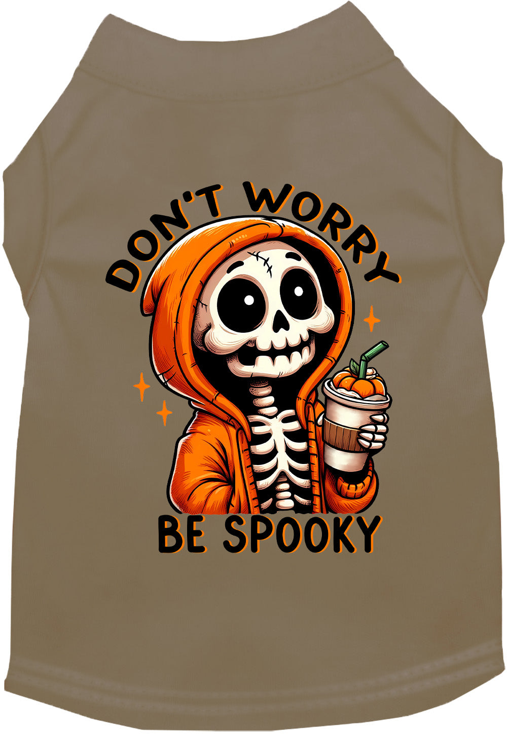 Tan Don't Worry, Be Spooky Halloween pet shirt with skeleton print