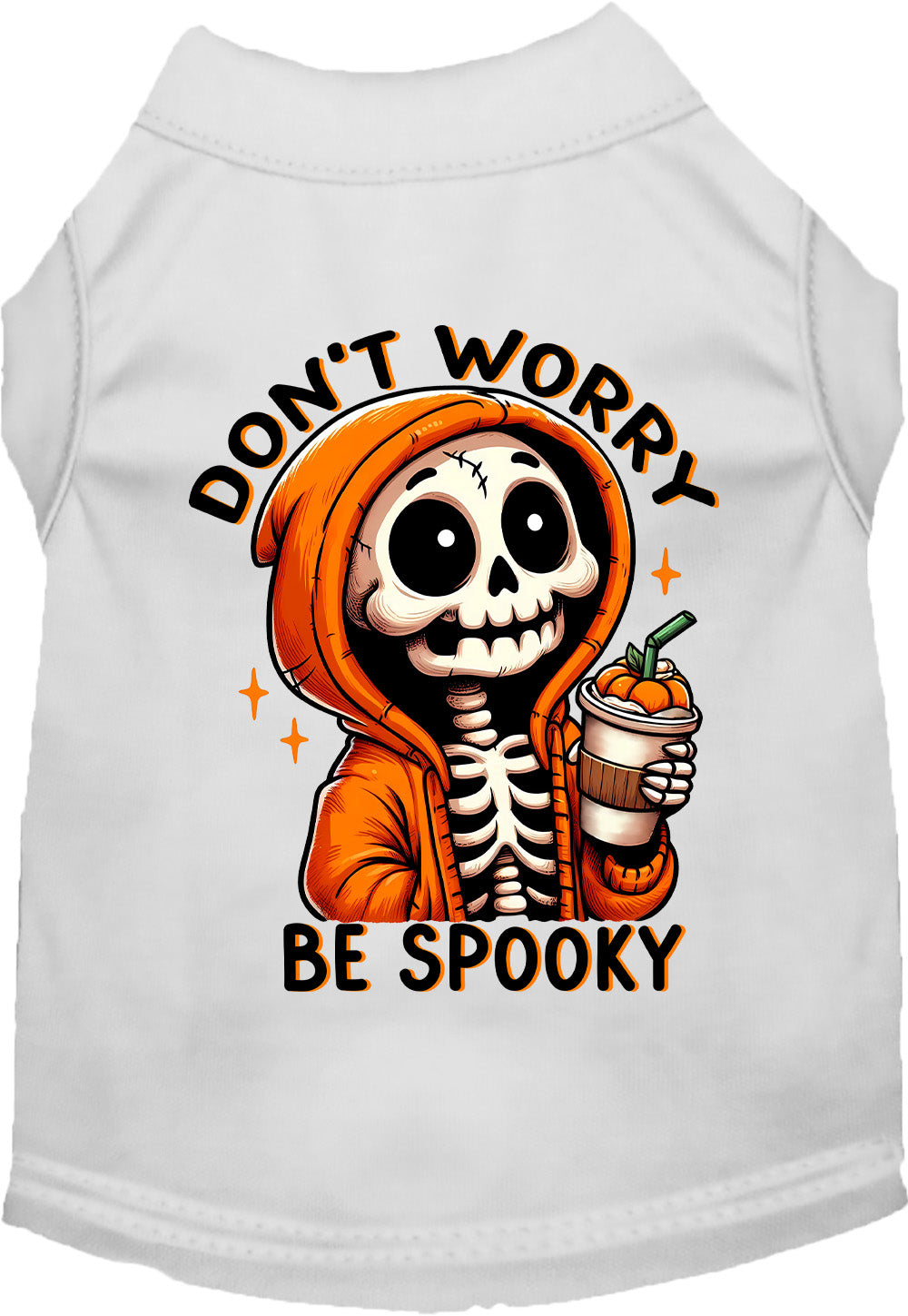 White Don't Worry, Be Spooky Halloween pet shirt with skeleton print