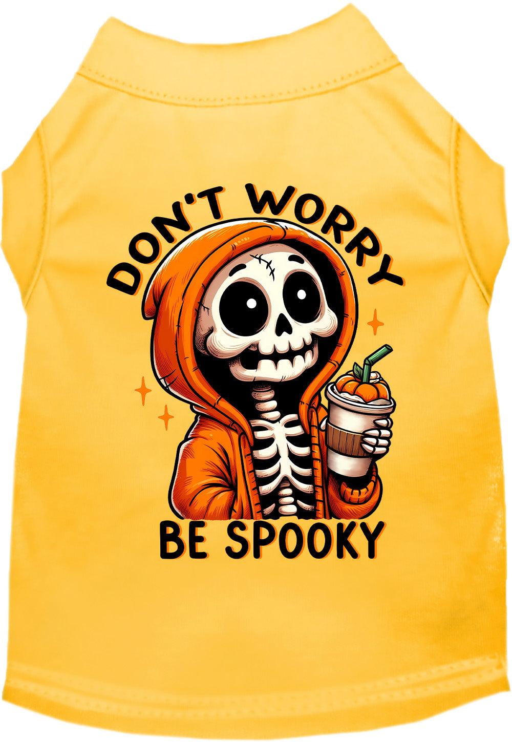 Yellow Don't Worry, Be Spooky Halloween pet shirt with skeleton print